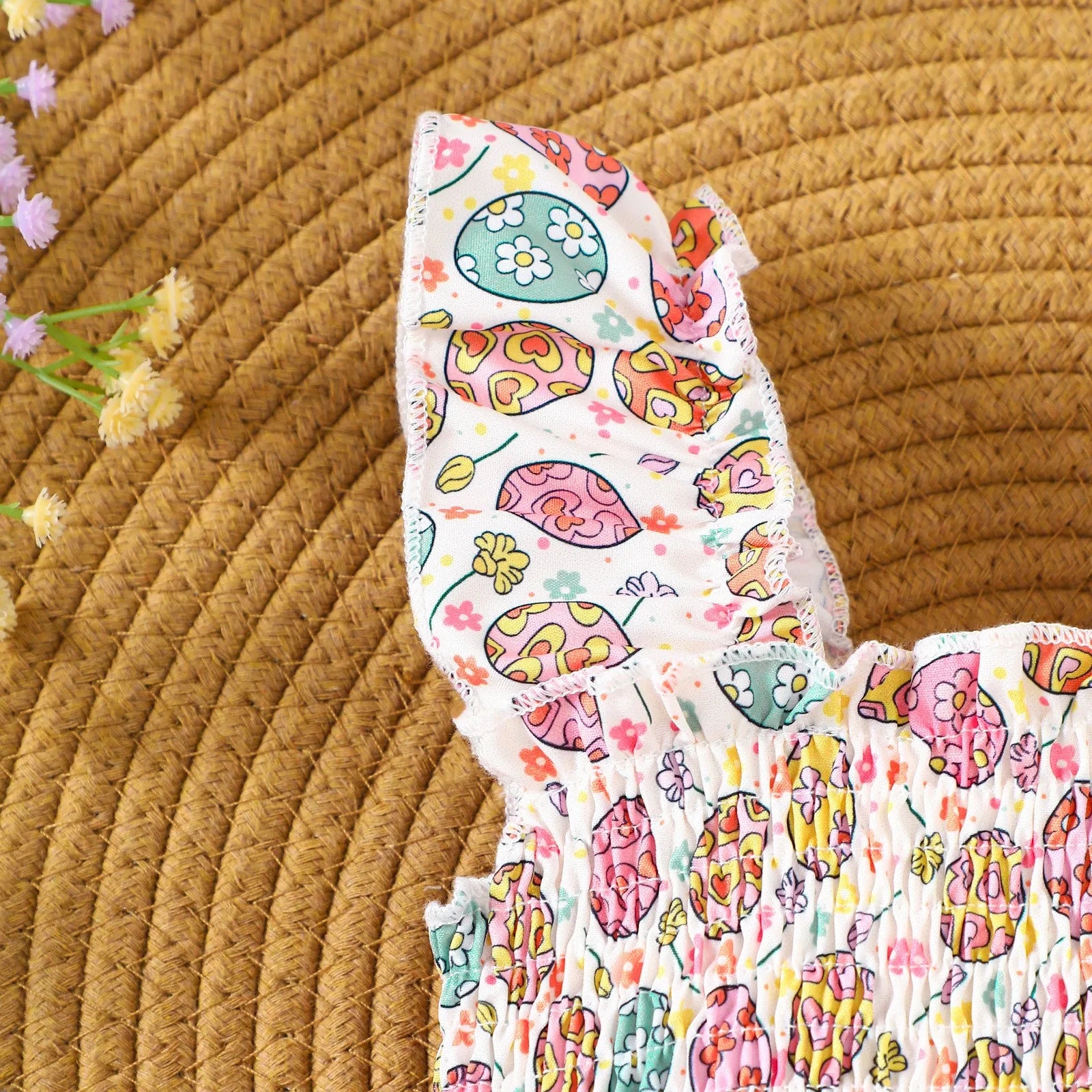 Infant Baby Girls Romper Floral Ruffle Sleeve Pleated Smocked Bubble 1Piece Ruched Jumpsuit Summer Bodysuit