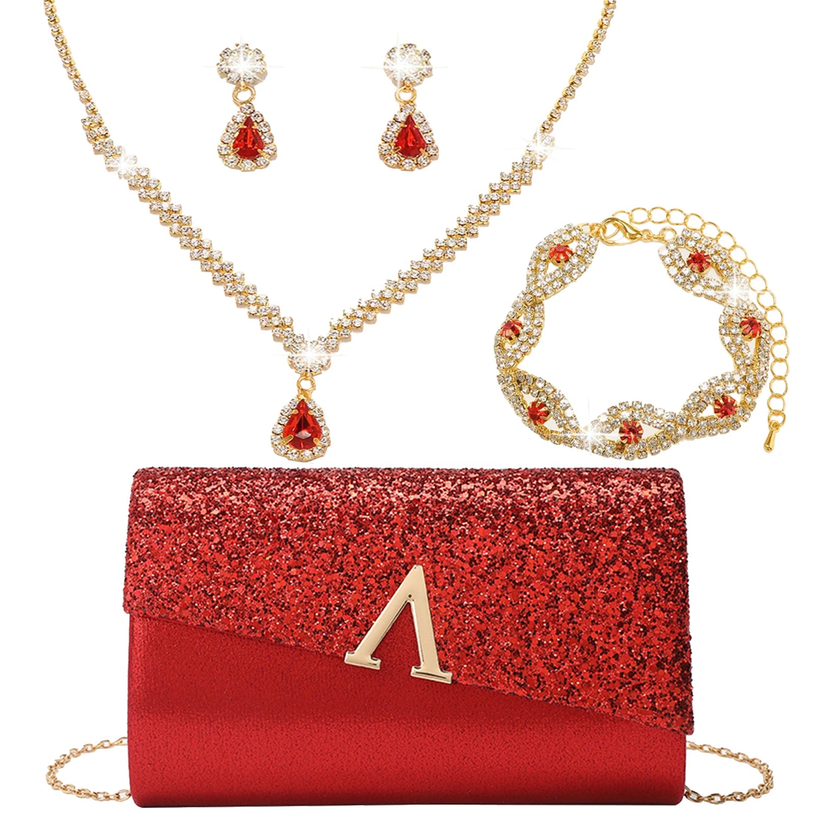 Evening Banquet Handbag Women Elegant Sparkly Flap Clutch Bag With Necklace, Earrings ,Bracelet 4Pcs Set Shoulder Wedding Purse