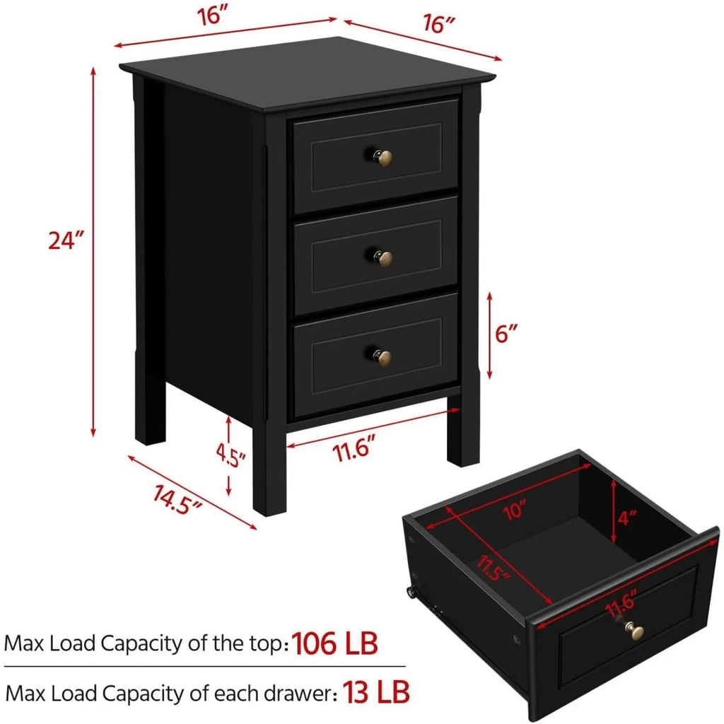 Wooden 3-drawer bedside table, bedside cabinet for bedroom, home office, small space, easy to assemble, black