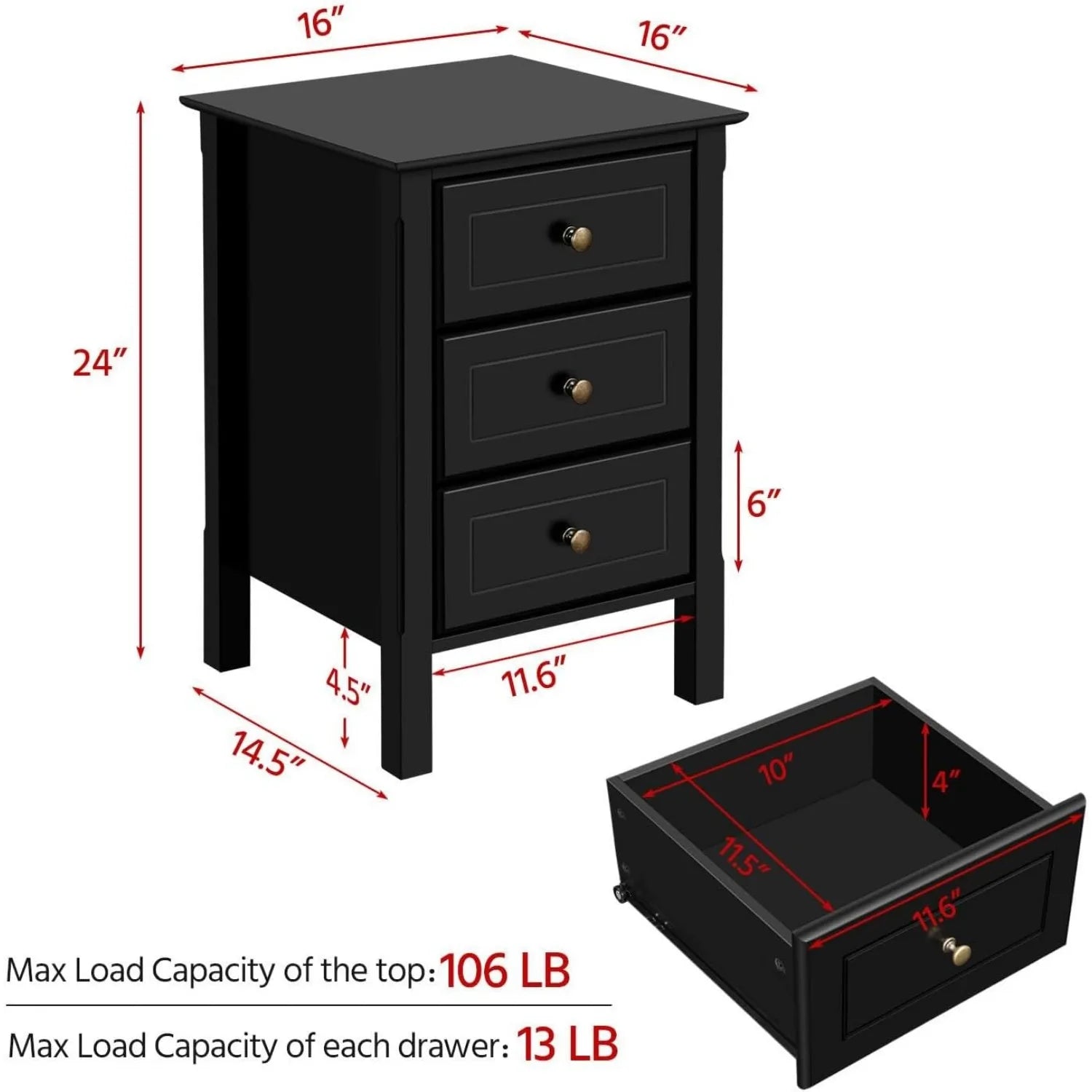 Wooden 3-drawer bedside table, bedside cabinet for bedroom, home office, small space, easy to assemble, black