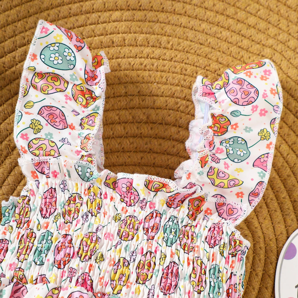 Infant Baby Girls Romper Floral Ruffle Sleeve Pleated Smocked Bubble 1Piece Ruched Jumpsuit Summer Bodysuit