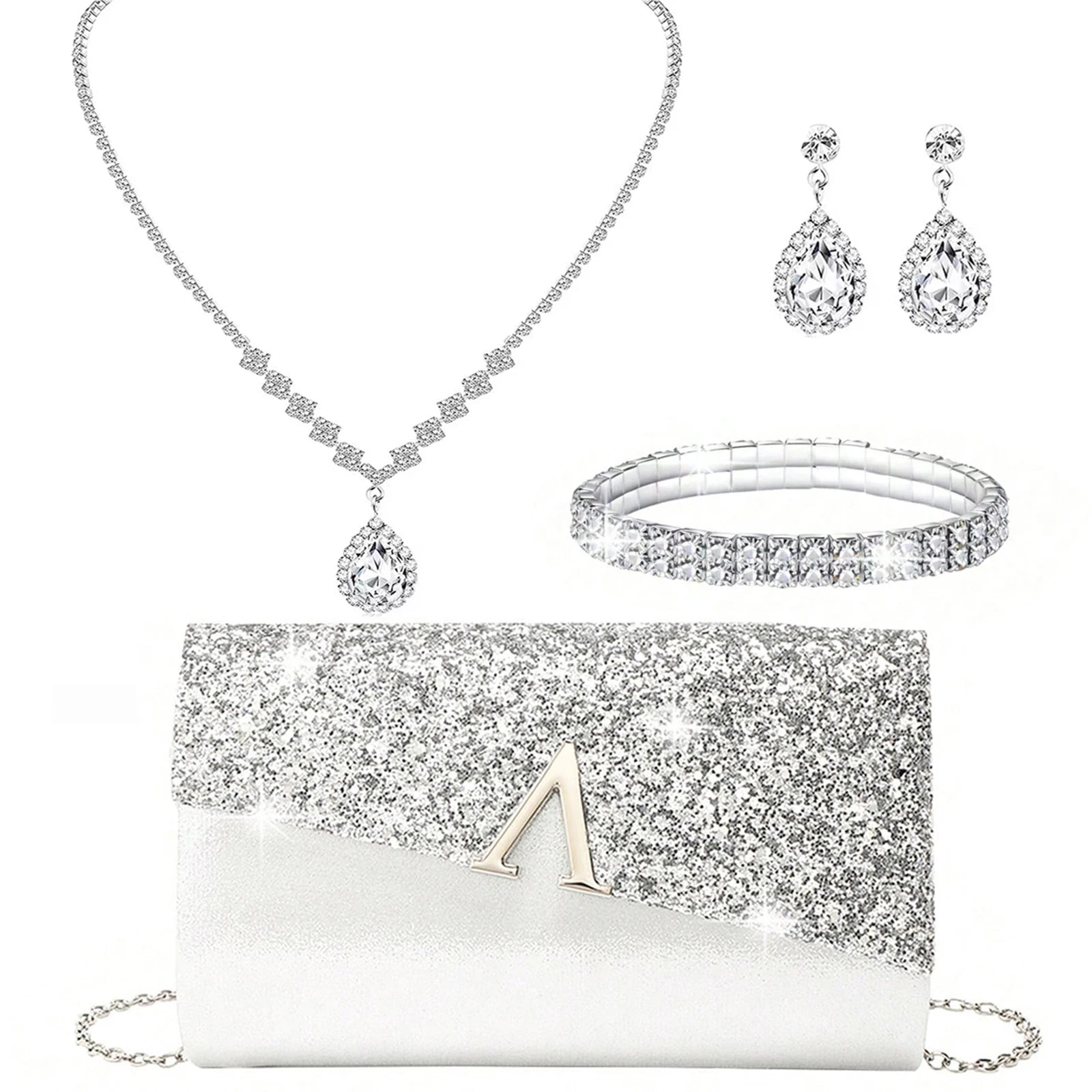 Evening Banquet Handbag Women Elegant Sparkly Flap Clutch Bag With Necklace, Earrings ,Bracelet 4Pcs Set Shoulder Wedding Purse