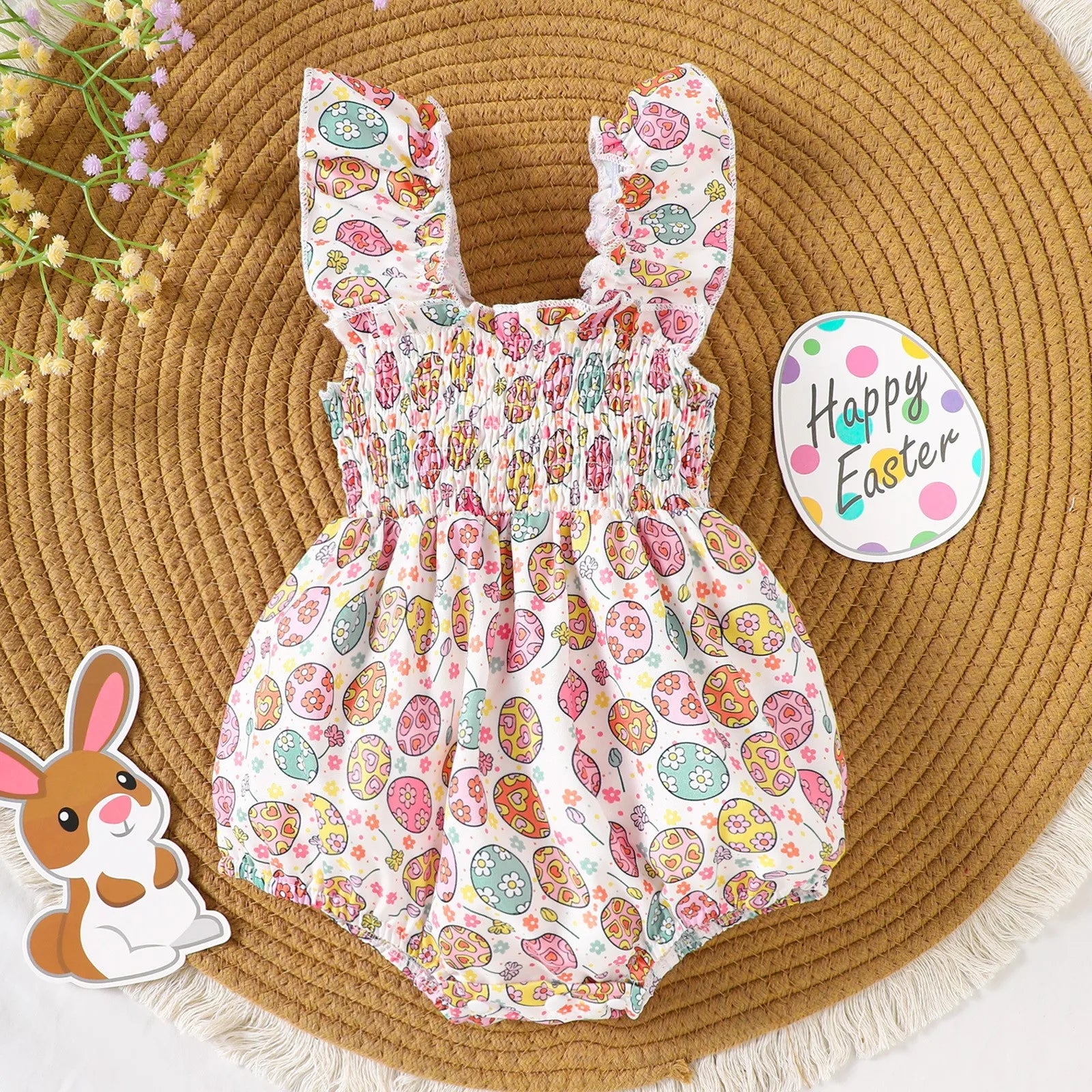 Infant Baby Girls Romper Floral Ruffle Sleeve Pleated Smocked Bubble 1Piece Ruched Jumpsuit Summer Bodysuit