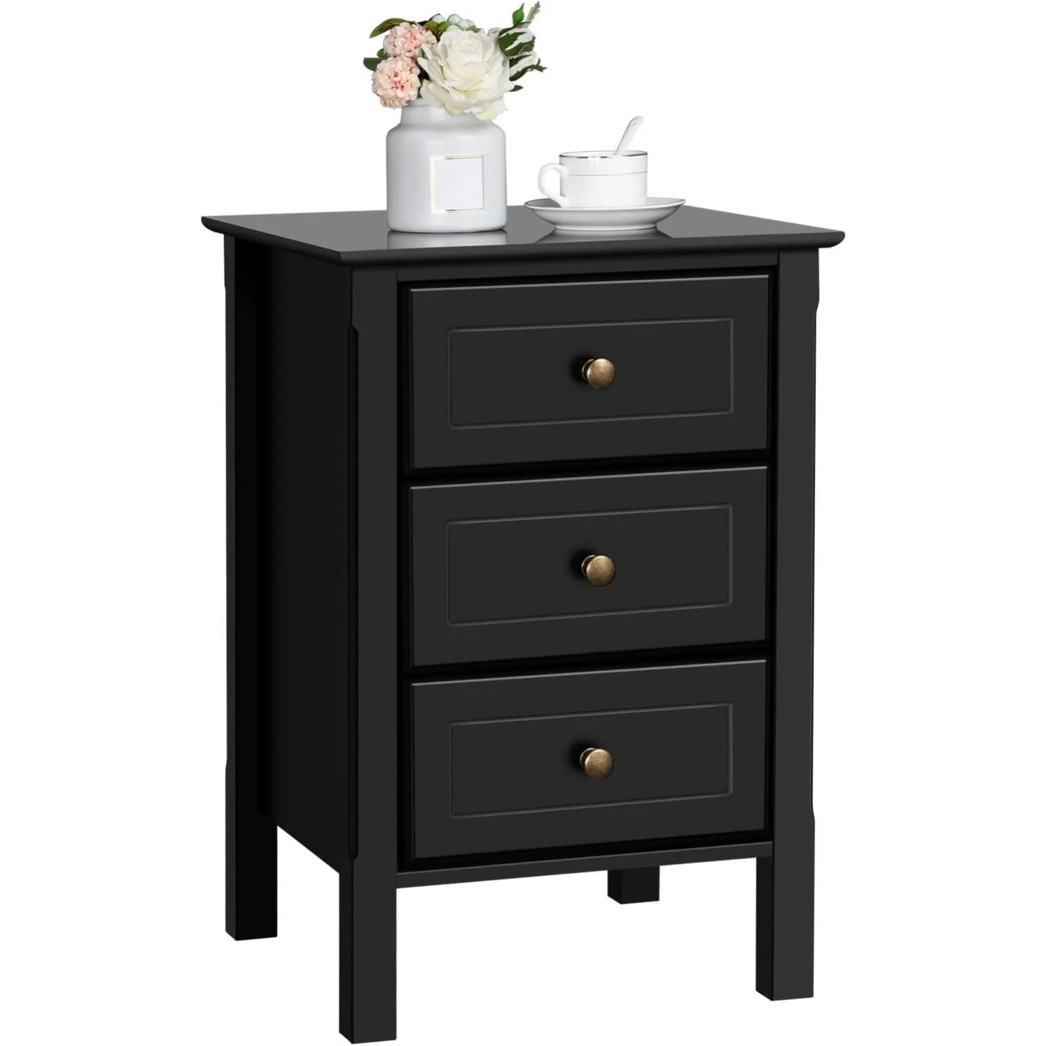 Wooden 3-drawer bedside table, bedside cabinet for bedroom, home office, small space, easy to assemble, black