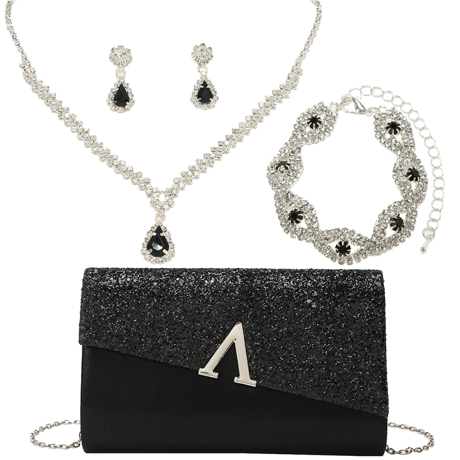 Evening Banquet Handbag Women Elegant Sparkly Flap Clutch Bag With Necklace, Earrings ,Bracelet 4Pcs Set Shoulder Wedding Purse
