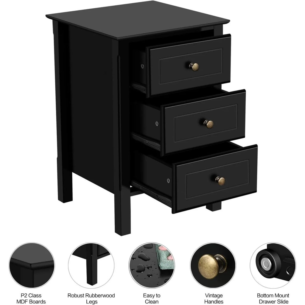 Wooden 3-drawer bedside table, bedside cabinet for bedroom, home office, small space, easy to assemble, black
