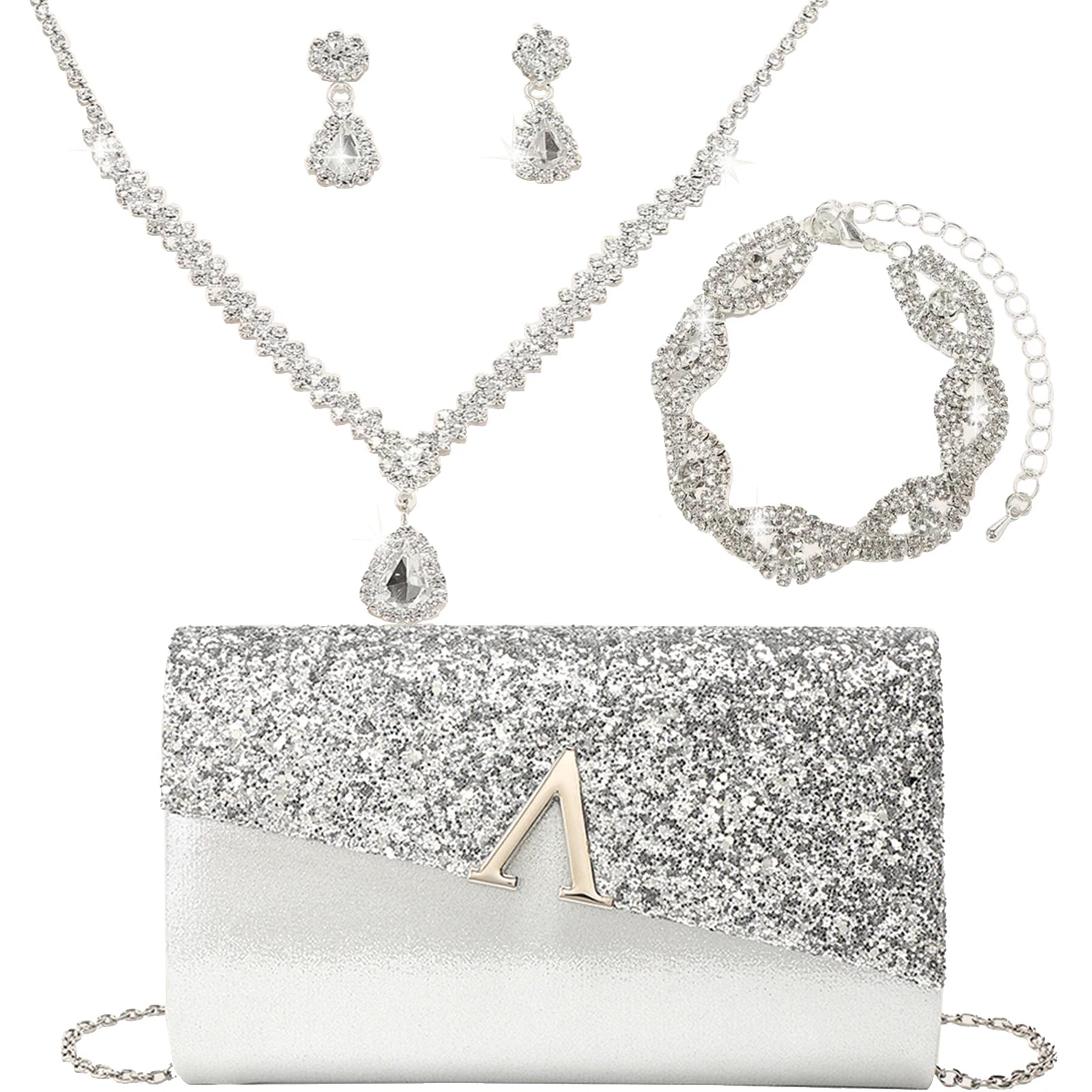 Evening Banquet Handbag Women Elegant Sparkly Flap Clutch Bag With Necklace, Earrings ,Bracelet 4Pcs Set Shoulder Wedding Purse