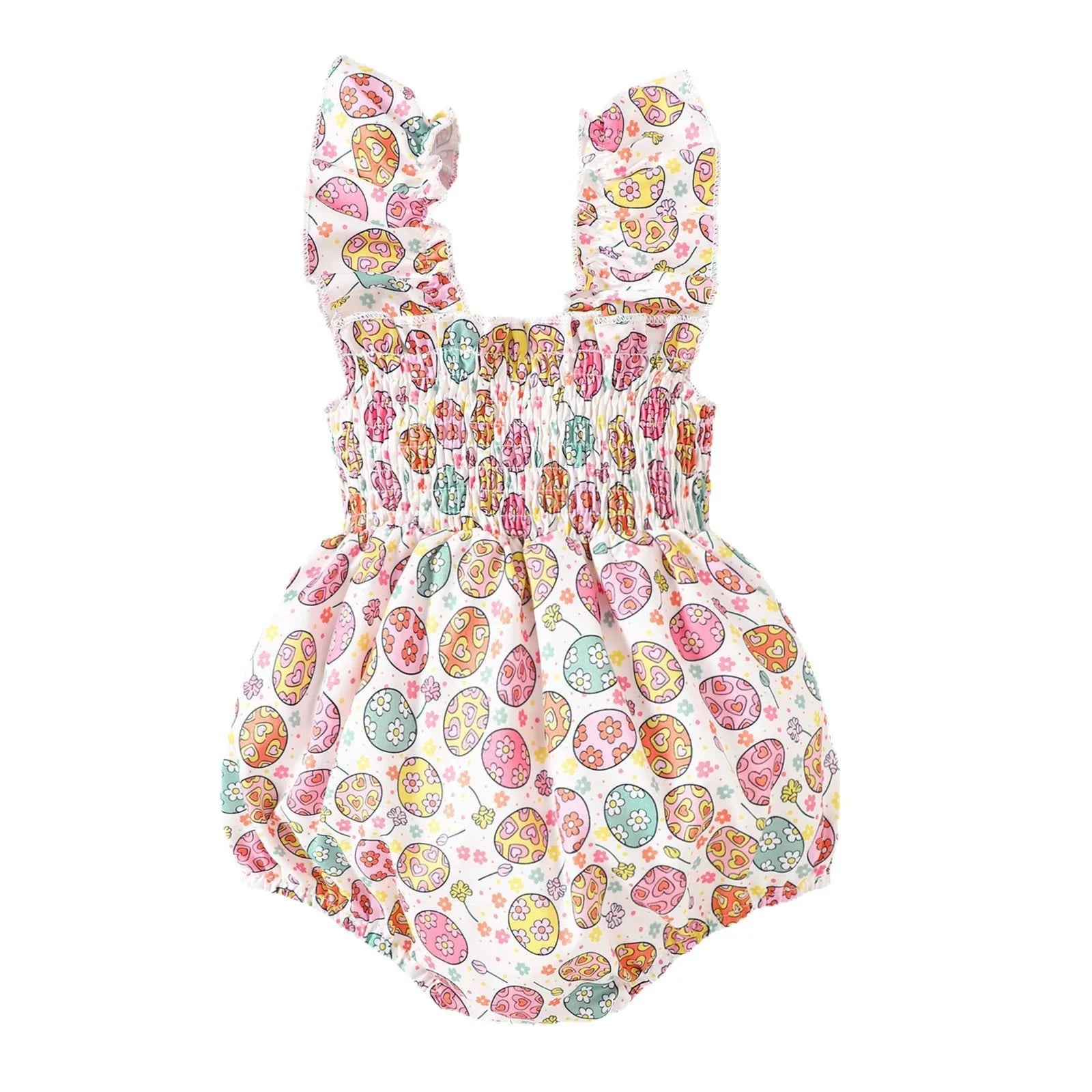 Infant Baby Girls Romper Floral Ruffle Sleeve Pleated Smocked Bubble 1Piece Ruched Jumpsuit Summer Bodysuit